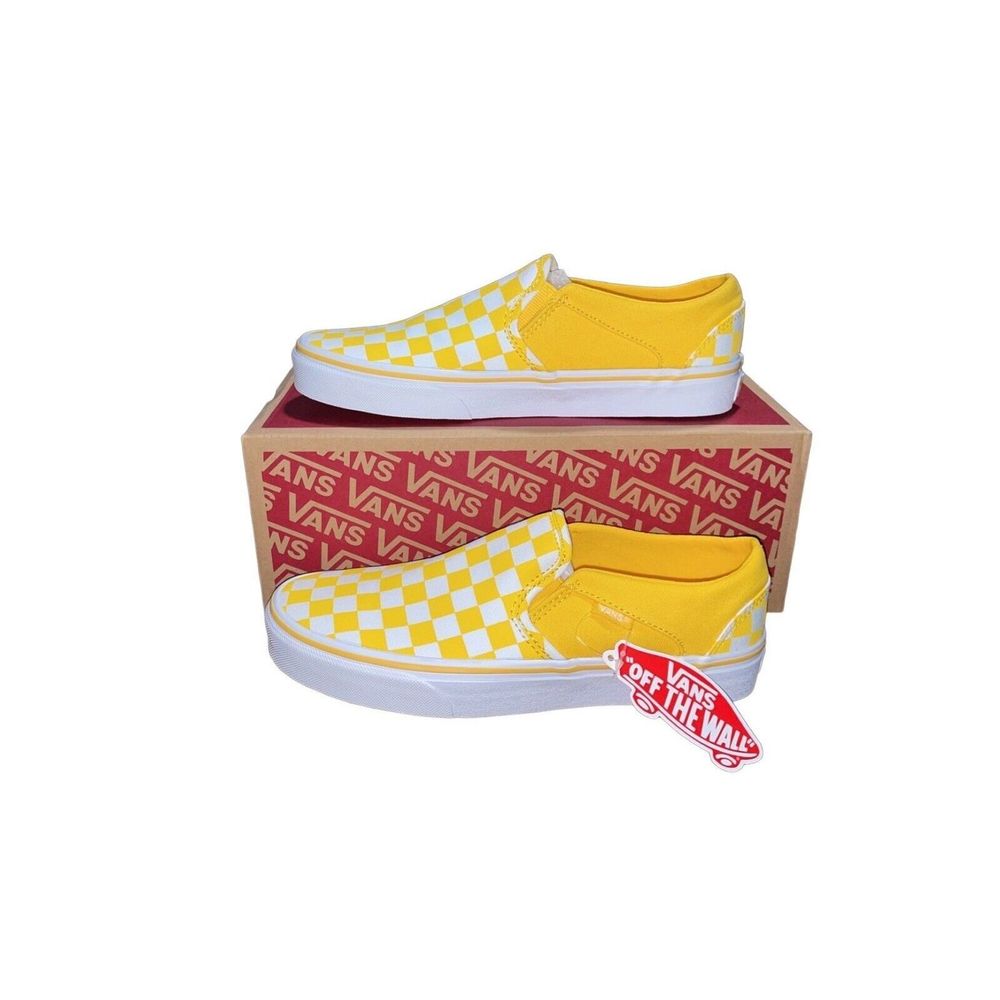 Vans Wmns Classic Checkerboard Slip-On Yellow White Skate Shoes wide